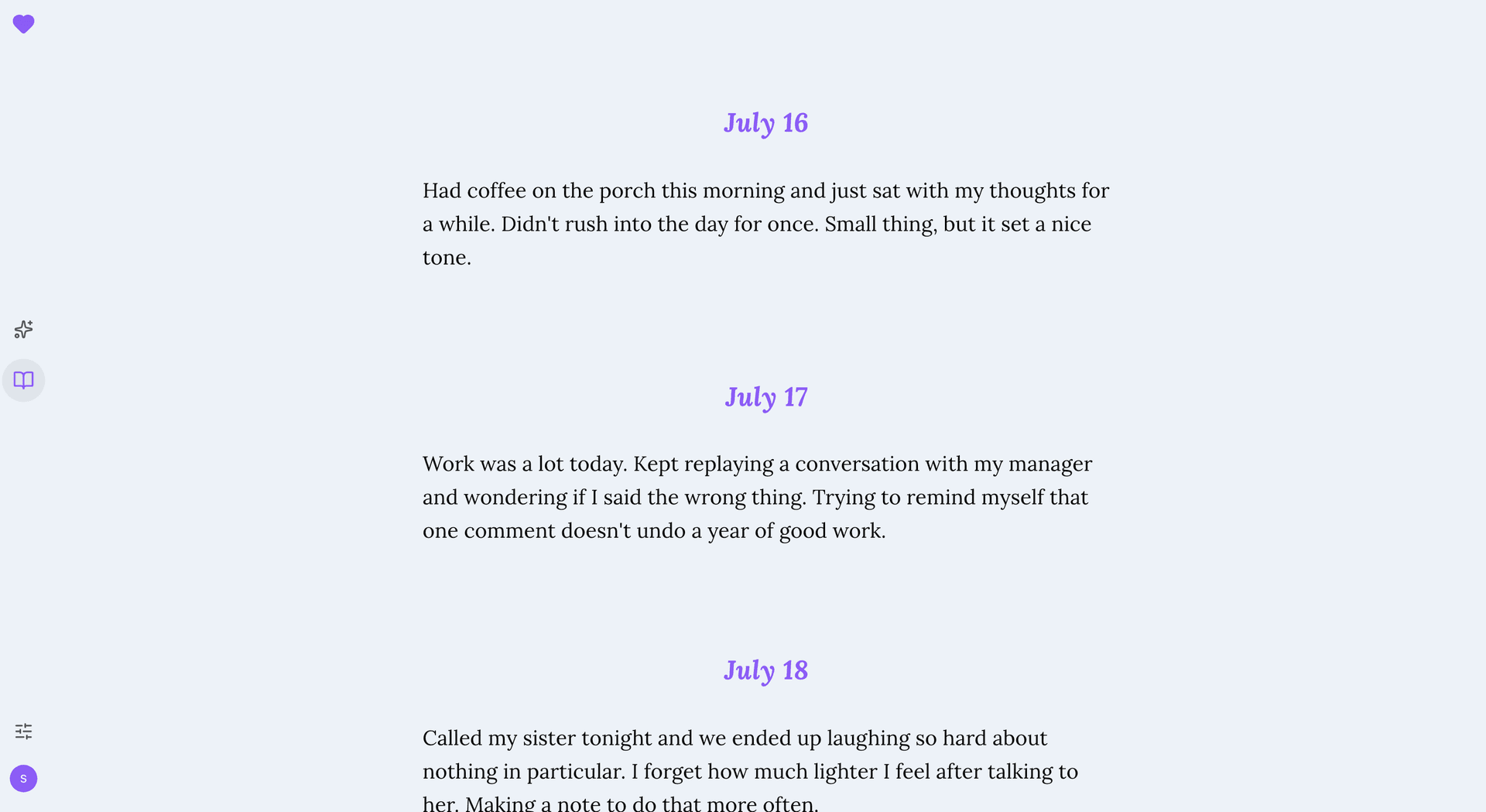 KindMind journal feed showing several days of entries, most recent at top