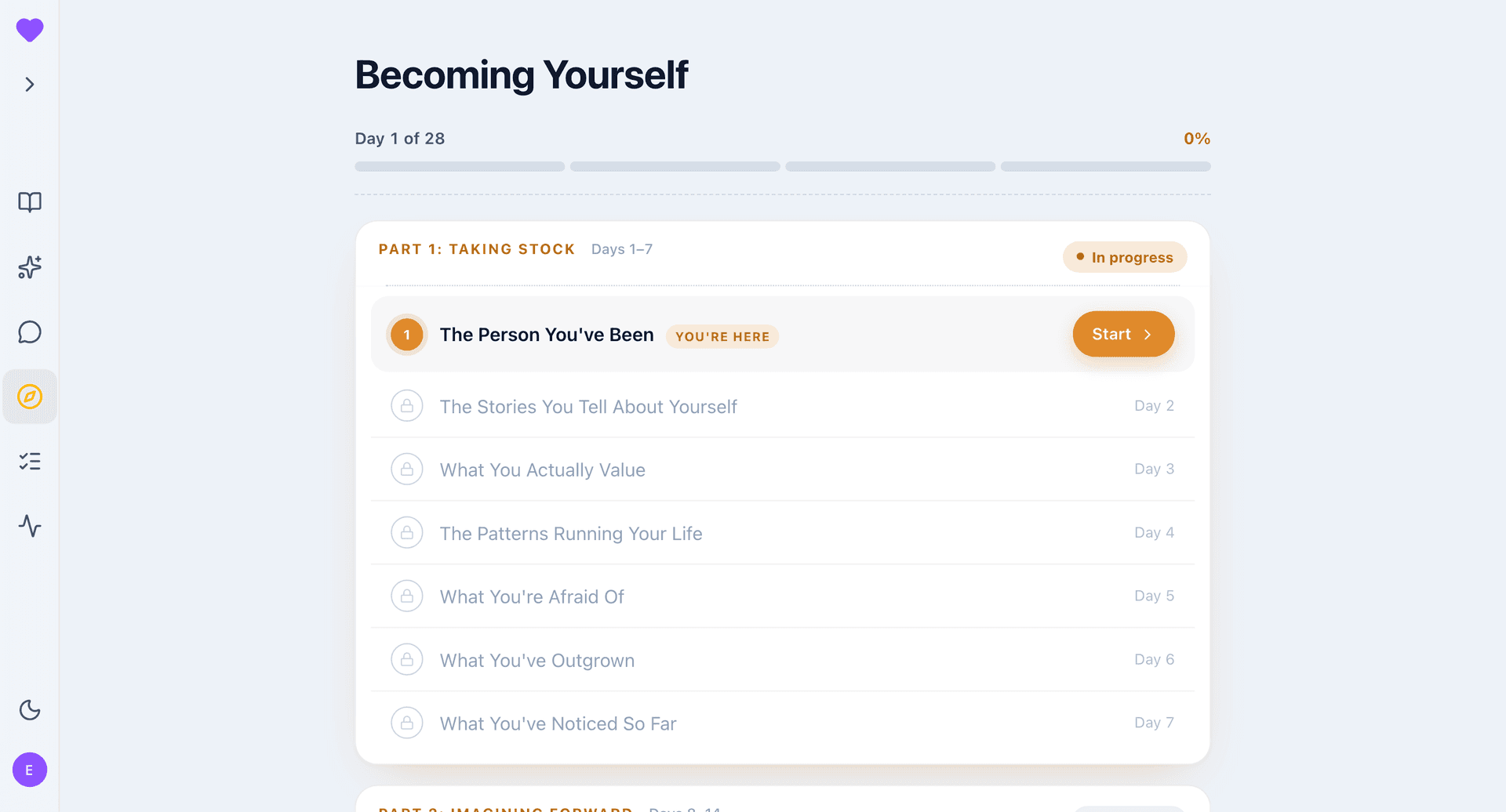 A path's day-by-day plan, grouped into parts, with a goal date